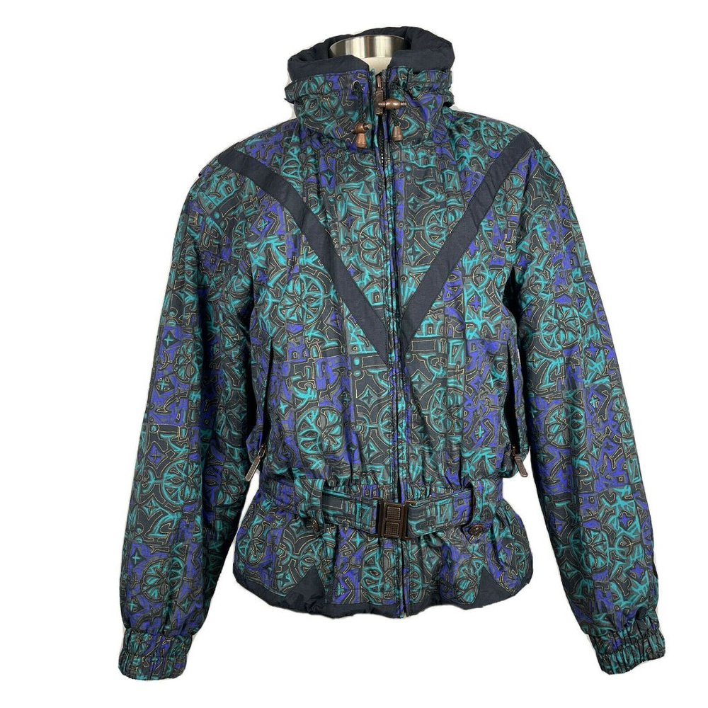Tyrolia Vintage Belted Ski Jacket 80s 90s Womens Size 8 Purple Black Gold Aqua